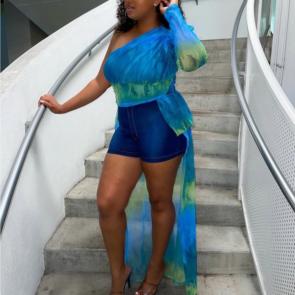 Blue and Green multi colored sheer blouse with one shoulder sleeve